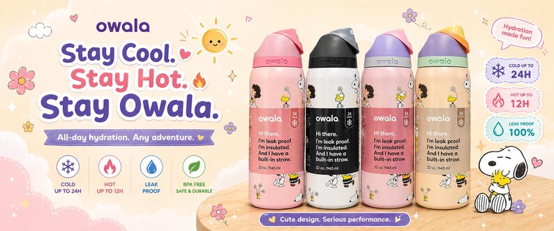 May include: A collection of Owala insulated water bottles in pink, white, and tan, each with a unique Snoopy-themed design. The bottles feature a built-in straw and are designed for all-day hydration. Text on the bottles reads, "Hi there. I'm leak proof. I'm insulated. And I have a built-in straw."