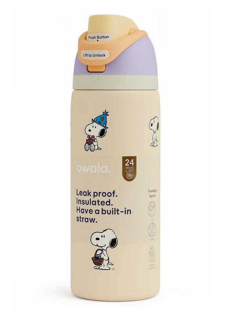 May include: A cream-colored Owala water bottle featuring Snoopy illustrations. The bottle has a push-button lid with a lavender and yellow top. Text on the bottle reads "Leak proof. Insulated. Have a built-in straw."