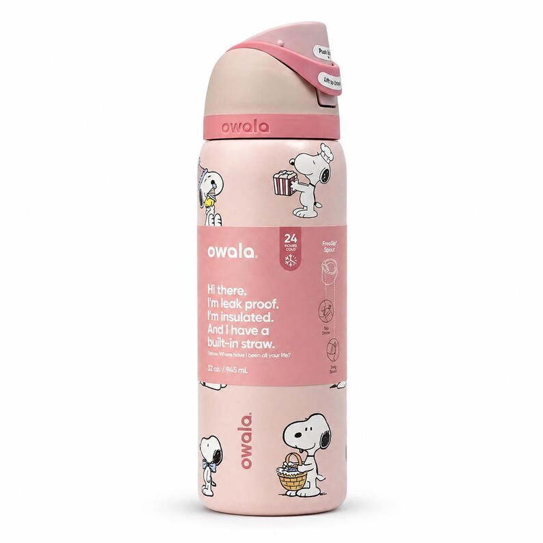 May include: A pink Owala water bottle featuring Snoopy illustrations. The bottle has a built-in straw and is insulated. The text on the bottle reads, "Hi there. I'm leak proof. I'm insulated. And I have a built-in straw." It holds 32 oz.