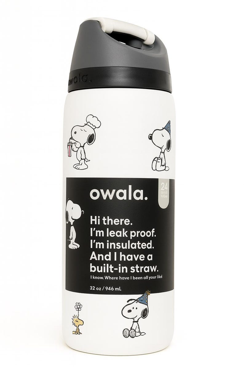 May include: White Owala water bottle with a black and gray lid and handle. The bottle features Snoopy illustrations and text: "Hi there. I'm leak proof. I'm insulated. And I have a built-in straw." It holds 32 oz.