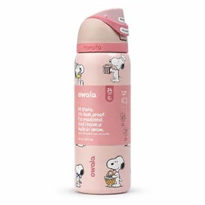 May include: A pink Owala insulated water bottle with a Snoopy cartoon design. The bottle has a built-in straw and is leak-proof. The bottle is 12 oz / 355 ml.