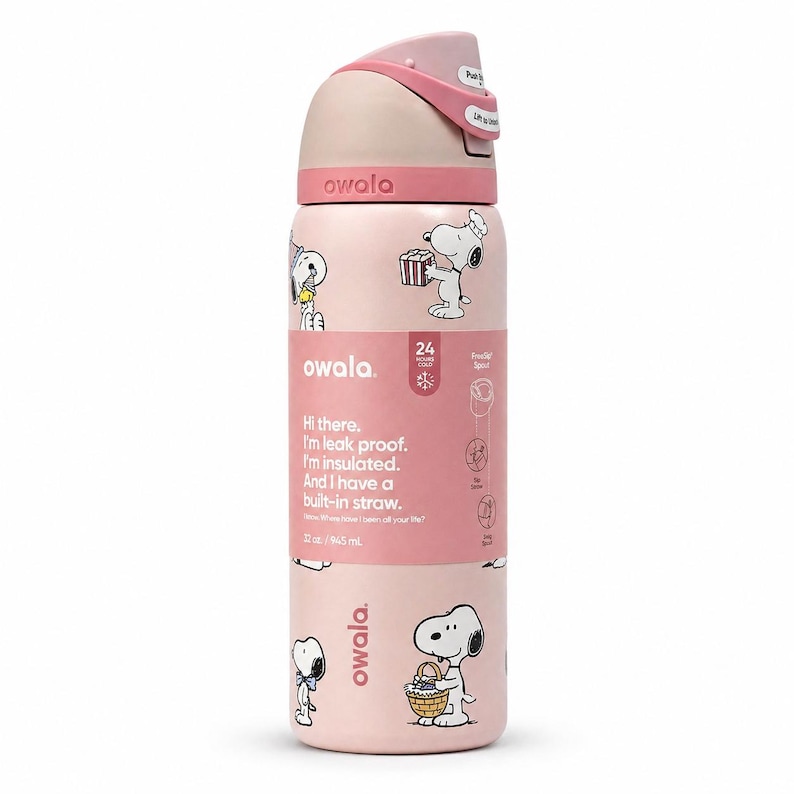 May include: A pink Owala insulated water bottle with a Snoopy cartoon design. The bottle has a built-in straw and is leak-proof. The bottle is 12 oz / 355 ml.