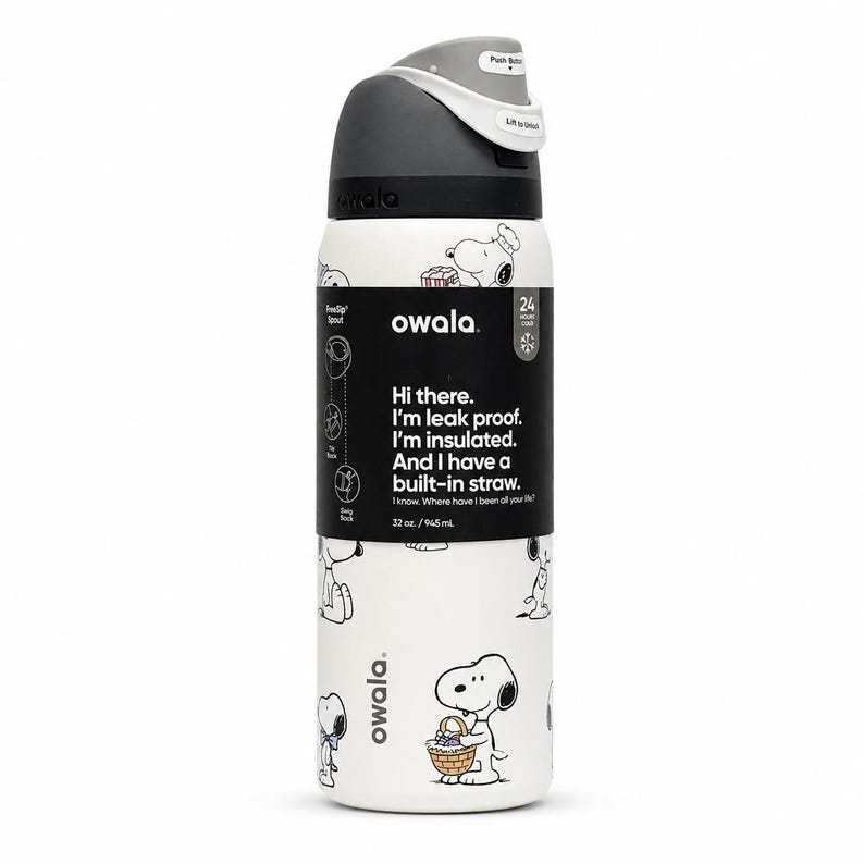 May include: White Owala water bottle with a black and gray lid, featuring a Snoopy cartoon design. The bottle has a built-in straw and is insulated. The bottle holds 32 oz. of liquid.
