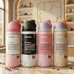 May include: Four Owala insulated water bottles in pink, black, lavender, and beige. Each bottle has a different colored lid and the text "owala". The bottles have a cartoon design and the text "Hi there. I'm leak proof. I'm insulated. And I have a Built-in straw. 32 oz./945ml."