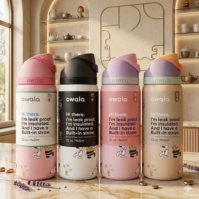 May include: Four Owala insulated water bottles in pink, black, lavender, and beige. Each bottle has a different colored lid and the text "owala". The bottles have a cartoon design and the text "Hi there. I'm leak proof. I'm insulated. And I have a Built-in straw. 32 oz./945ml."