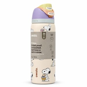 May include: A cream-colored Owala water bottle with a Snoopy pattern. The bottle has a purple, green, and peach-colored lid with a push button and a built-in straw. The bottle is 12 oz / 945 mL and is leak-proof and insulated.