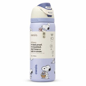 May include: A light purple Owala water bottle with a white and blue lid. The bottle features a Snoopy cartoon design and the text "Hi there. I'm leak proof. I'm insulated. And I have a built-in straw." It holds 32 oz / 945 ml.