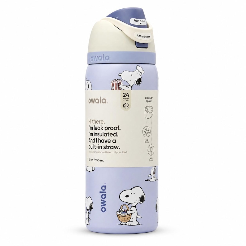 May include: A light purple Owala water bottle with a white and blue lid. The bottle features a Snoopy cartoon design and the text "Hi there. I'm leak proof. I'm insulated. And I have a built-in straw." It holds 32 oz / 945 ml.