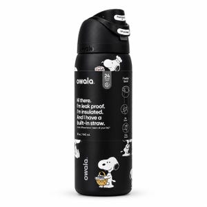 May include: Black Owala water bottle with a flip-top lid and a cartoon Snoopy design. The bottle features the text "Hi there. I'm leak proof. I'm insulated. And I have a built-in straw." It holds 32 oz / 945 mL.