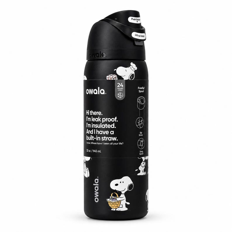May include: Black Owala water bottle with a flip-top lid and a cartoon Snoopy design. The bottle features the text "Hi there. I'm leak proof. I'm insulated. And I have a built-in straw." It holds 32 oz / 945 mL.