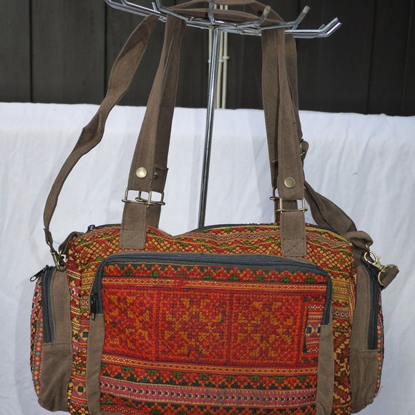 Shoulder and carry bag, Hmong Hilltribe Thai handmade vintage, tribal, shoulder, cotton hippie hobo orange brown ethnic messenger zip bag