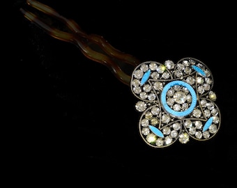 Rhinestone and blue guilloche enamel bridal/wedding/special occasion hair decoration featuring an original Edwardian jewel