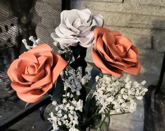 Leather flowers,3rd anniversary gift, 3 rose arrangement, Leather roses,