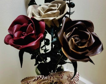 3rd anniversary gift, Anniversary gift, Leather flowers, Farmhouse decor, Christmas centerpiece, Leather roses, Rustic decor.