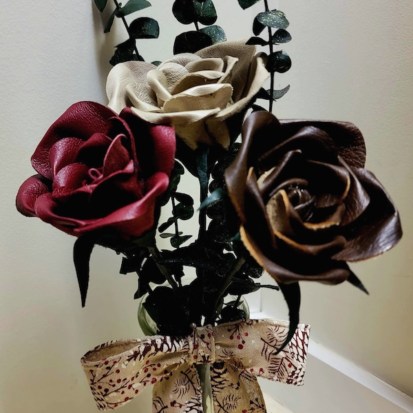 3rd anniversary gift, Anniversary gift, Leather flowers, Farmhouse decor, Christmas centerpiece, Leather roses, Rustic decor.