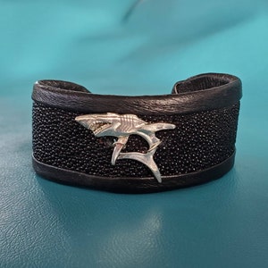 Stingray Skin Wide Cuff Bracelet | Galuchat Leather Snap Closure Wide Leather Cuff Bracelet | Stingray Leather Bracelet main image 2