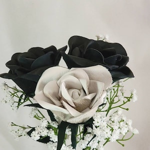 Roses, Leather flowers, 3 rose bouquet,  Anniversary gift,  Bridal bouquet,  Wedding flowers, Black and White leather roses