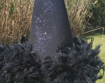 Witch hat, Black witch hat, Sparkly feathered black witch hat