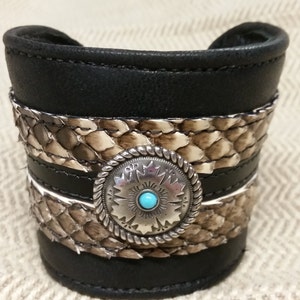 Leather and python cuff bracelet with concho detail