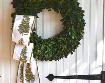 white with green embroidered trees 4" wide wired ribbon 10 yard roll