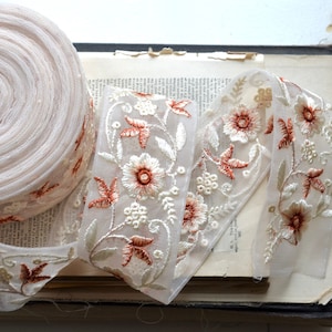 embroidered creme, peach and burnt ruby floral on faded blush sheer ribbon image 1