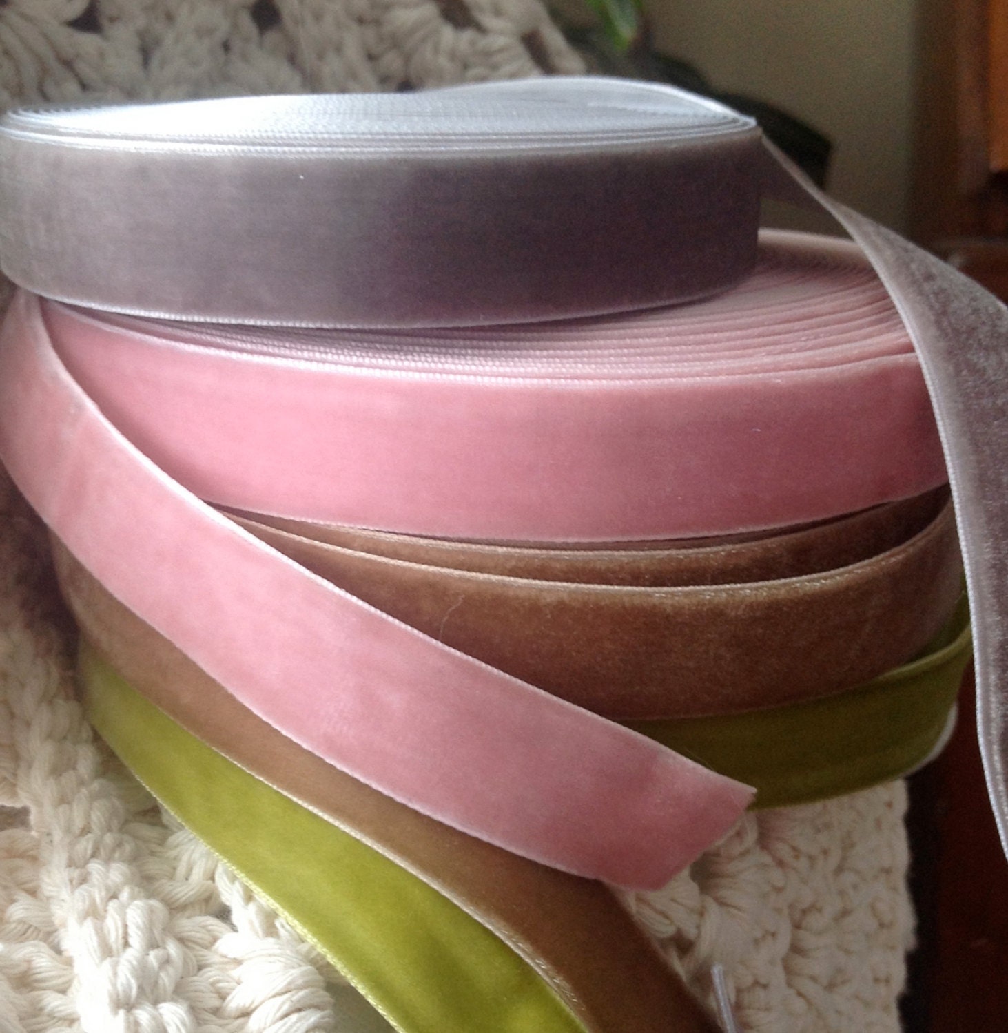 dusty pink or pewter or sweet pea green or latte velvet ribbon