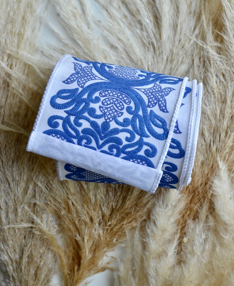 chinoiserie blue and white wired ribbon 4 Inches