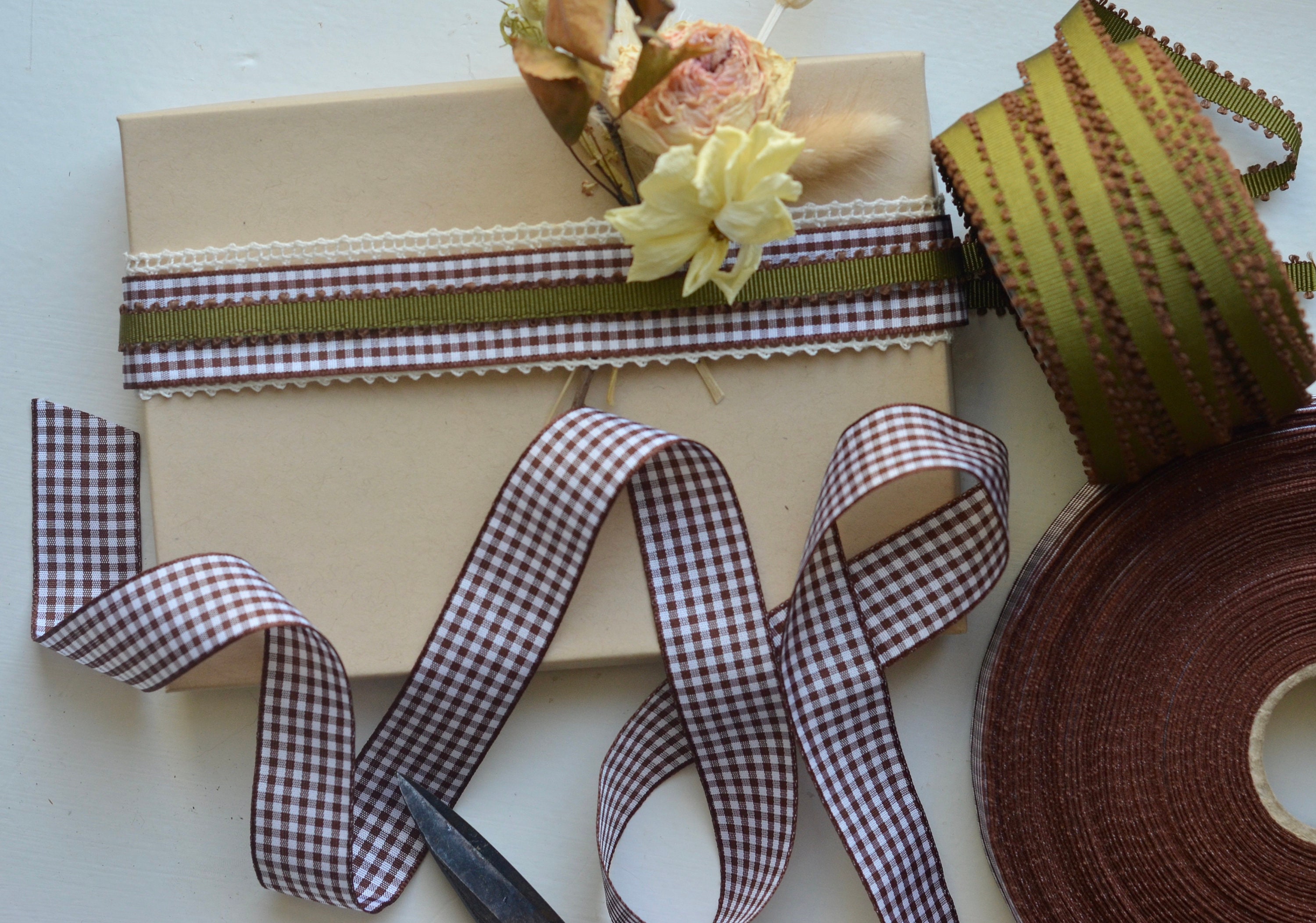 olive green and chocolate 1/4" grosgrain ribbon