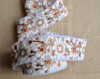 embroidered beige brown and creme floral sheer ribbon
