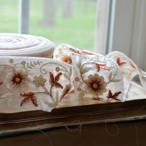 embroidered creme, peach and burnt ruby floral on faded blush sheer ribbon image 3