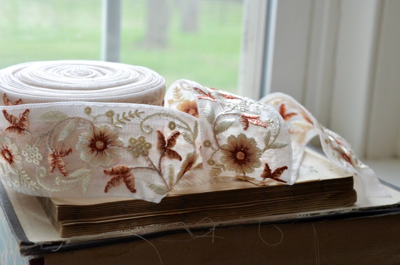 embroidered creme, peach and burnt ruby floral on faded blush sheer ribbon image 3