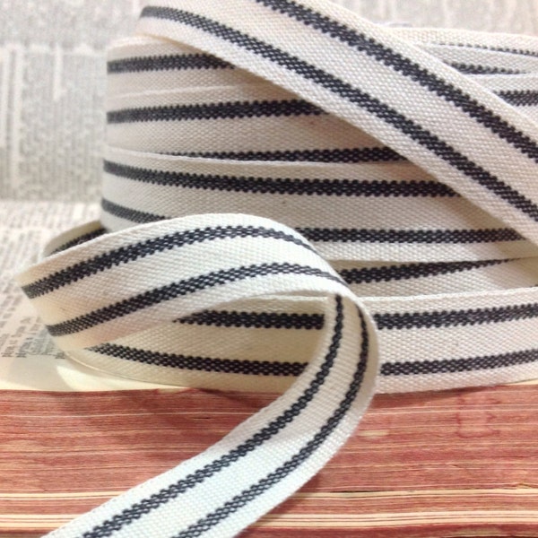 ticking black and ecru striped cotton ribbon