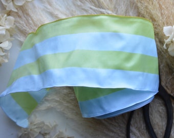 light blue and chartreuse green striped 3 3/4" wired french taffeta ribbon