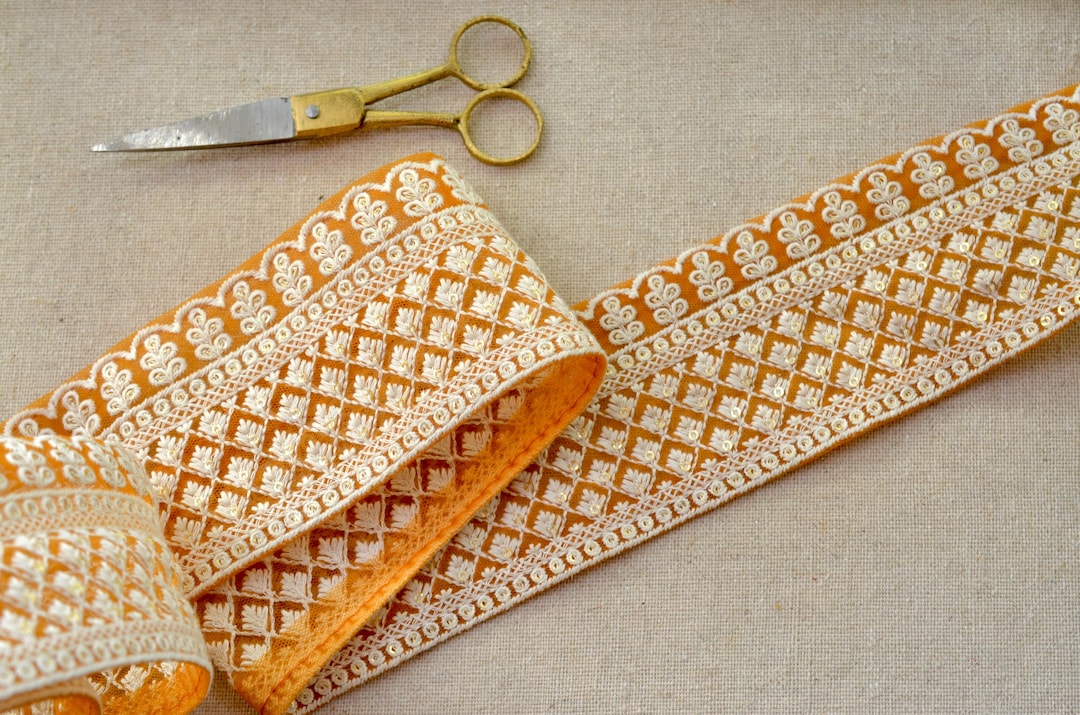 Embroidered Creme on Butterscotch Tobacco Sheer Ribbon - Etsy
