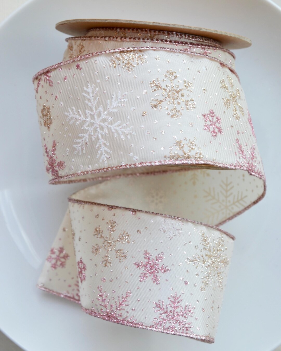 Winter White and Pink Sparkle Snowflake Wired Ribbon - Etsy