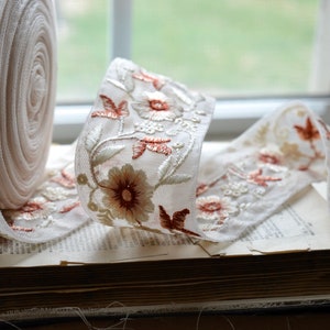 embroidered creme, peach and burnt ruby floral on faded blush sheer ribbon image 8