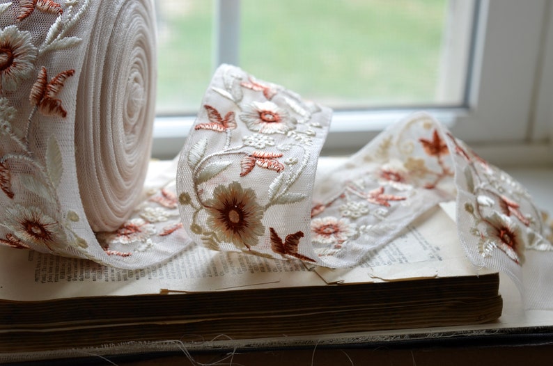 embroidered creme, peach and burnt ruby floral on faded blush sheer ribbon image 8