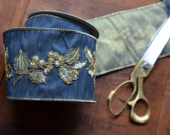 dark denim and gold embroidered 4" 5 yard roll ribbon