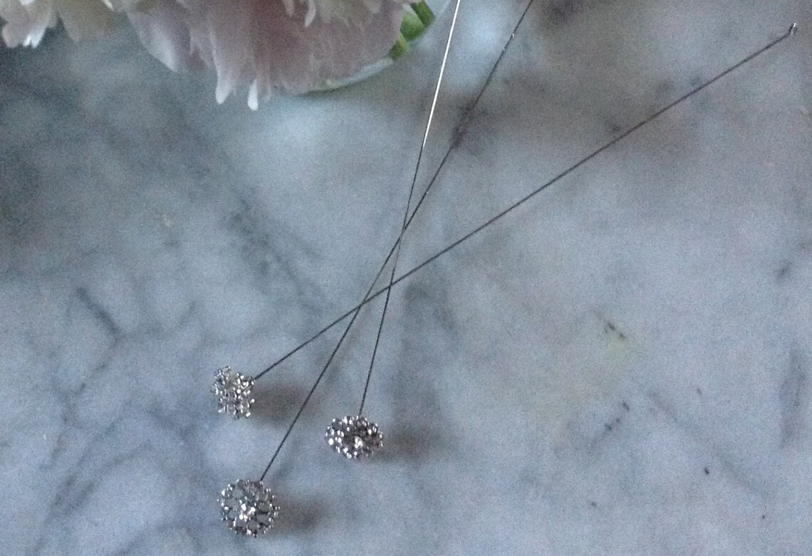 Set of three silver and crystal floral picks Etsy