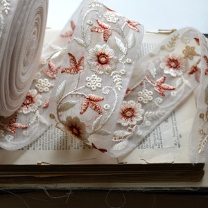 embroidered creme, peach and burnt ruby floral on faded blush sheer ribbon image 6