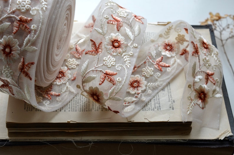 embroidered creme, peach and burnt ruby floral on faded blush sheer ribbon image 6