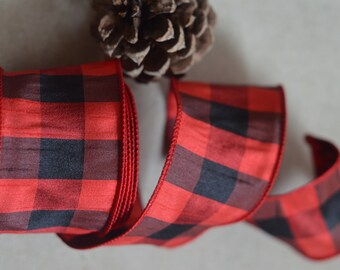 10 yard roll of 4" or 2 1/2" black and red buffalo plaid ribbon