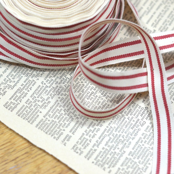 2 yards red and cream ticking stripe cotton ribbon