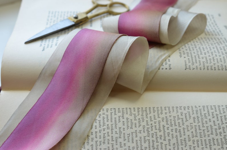 rosy rhubarb pink hand dyed silk ribbon 1 1/2 Inches