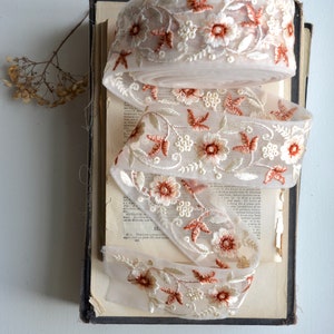 embroidered creme, peach and burnt ruby floral on faded blush sheer ribbon image 7