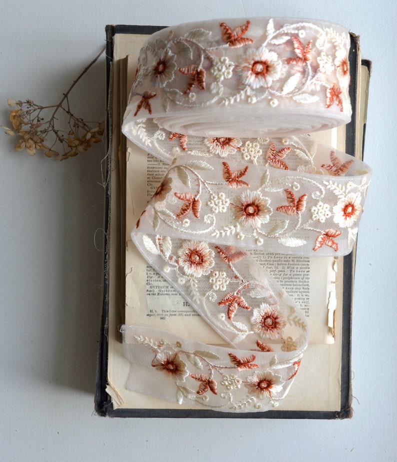 embroidered creme, peach and burnt ruby floral on faded blush sheer ribbon image 7