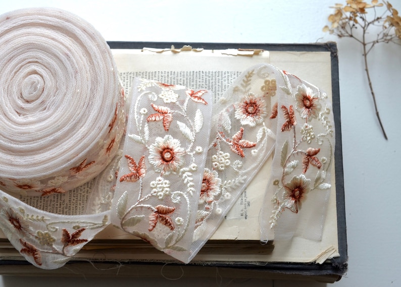 embroidered creme, peach and burnt ruby floral on faded blush sheer ribbon image 1