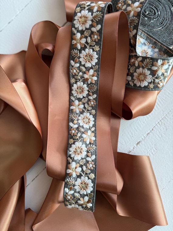 embroidered dark loden green and creme floral ribbon