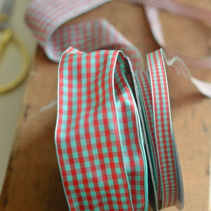 mint en rood check taffeta 1 1/2&quot;, 1&quot; of 3/8&quot; lint