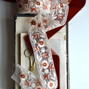 embroidered creme, peach and burnt ruby floral on faded blush sheer ribbon image 4